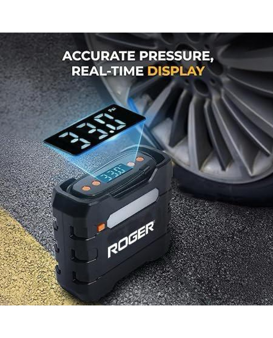 Roger Portable 12V DC Air Compressor Pump with Digital Gauge, Auto Shut-Off & LED Light | Tyre Inflator | OB 285